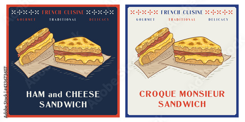 Croque monsieur is a Ham and Cheese Sandwich french food illustration