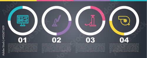 Set line Diagnostics condition of car, Windscreen wiper, Car air pump and Automotive turbocharger. Business infographic template. Vector