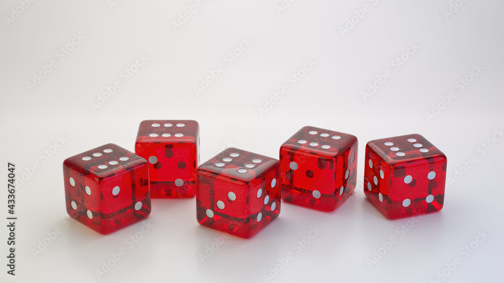 five transparent red dice die on white background yatzy five transparent red dice die on white background yatzy