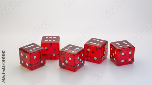 five transparent red dice die on white background  yatzy