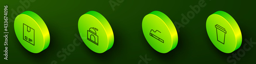 Set Isometric line Bag of coffee beans, Manual grinder, Cigarette and Coffee cup to go icon. Vector