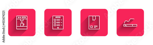 Set line Coffee machine, menu, Bag coffee beans and Cigarette with long shadow. Red square button. Vector