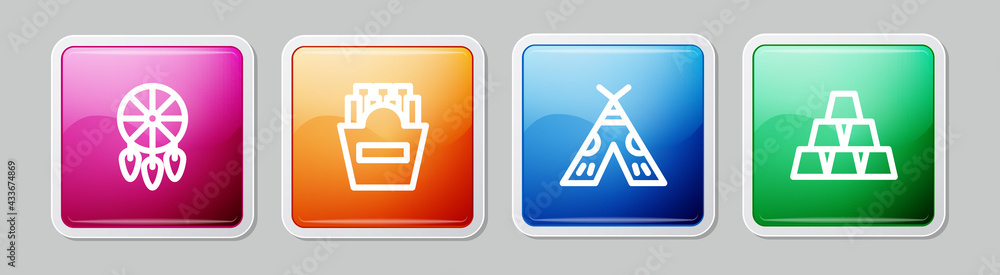 Set line Dream catcher with feathers, Potatoes french fries in box, Indian teepee or wigwam and Gold bars. Colorful square button. Vector Set line Dream catcher with feathers, Potatoes french fries in box, Indian teepee or wigwam and Gold bars. Colorful square button. Vector