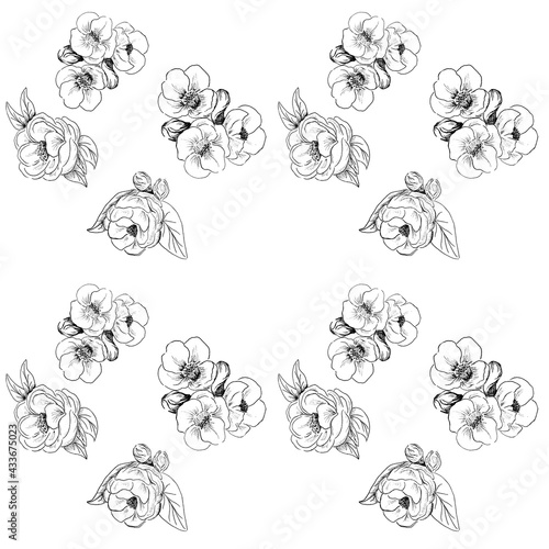 Seamless pattern with black and white flowers