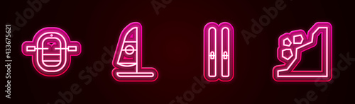 Set line Rafting boat, Windsurfing, Ski and sticks and Landslide. Glowing neon icon. Vector