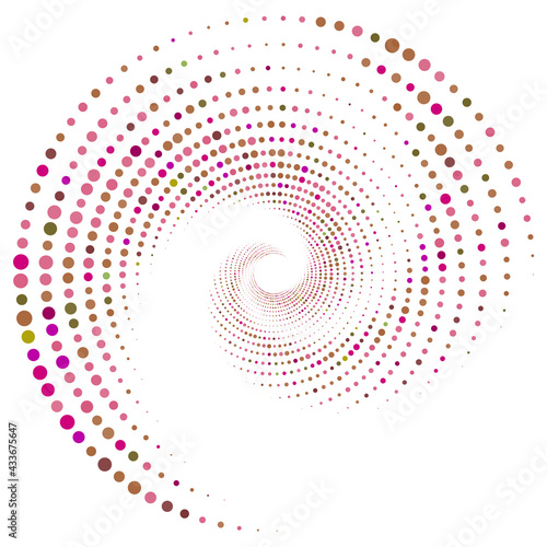 Dotted, dots, speckles abstract concentric circle. Spiral, swirl, twirl element. Circular and radial lines volute, helix. Segmented circle with rotation. Radiating arc lines. Cochlear, vortex