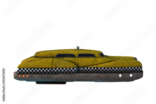 Side view 3D rendering of a flying cyberpunk yellow taxi cab isolated on white.
