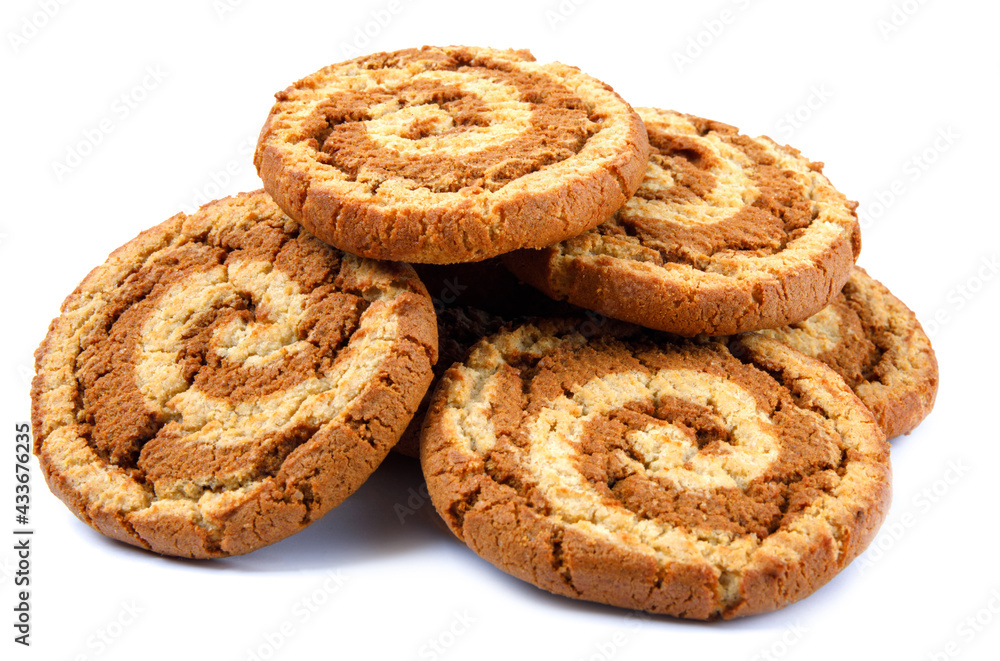 Several cookies are isolated on a white background. Cookies with a spiral pattern. Several cookies are isolated on a white background. Cookies with a spiral pattern.