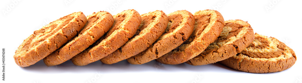 Cookies are isolated on a white background. The cookies are laid out even next to each other.
