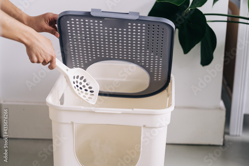 Crop unrecognizable person with plastic shovel opening lid of pet toilet box in house room photo