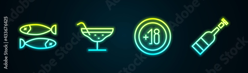 Set line Dried fish, Cocktail, Alcohol 18 plus and Opened bottle of wine. Glowing neon icon. Vector