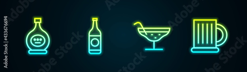 Set line Bottle of cognac or brandy, Beer bottle, Cocktail and Wooden beer mug. Glowing neon icon. Vector