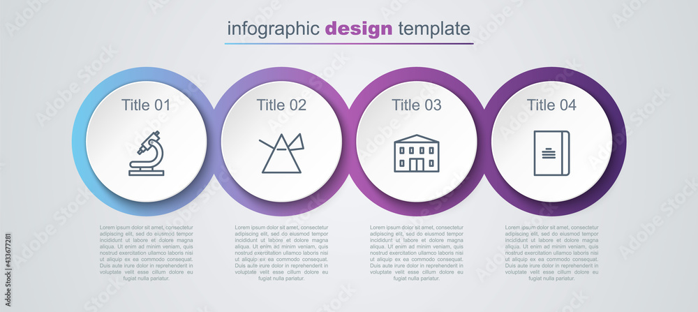 Set line Microscope, Light rays in prism, School building and Spiral notebook. Business infographic template. Vector Set line Microscope, Light rays in prism, School building and Spiral notebook. Business infographic template. Vector