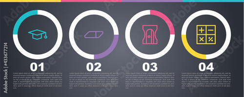 Set line Graduation cap, Eraser or rubber, Pencil sharpener and Calculator. Business infographic template. Vector