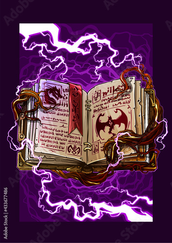 Cartoon colorful detailed old open magic spell books with dragons, strange symbols and bookmark. On background with lightning and tree roots. Vector icon.