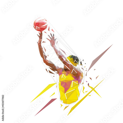 Basketball player shooting ball, jump shot. Low polygonal vector illustration. Geometric logo from trianlges