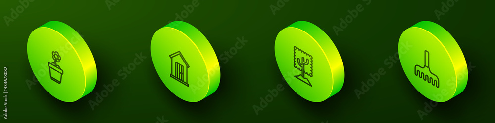 Set Isometric line Flower in pot, Farm house, Tree and Garden rake icon. Vector Set Isometric line Flower in pot, Farm house, Tree and Garden rake icon. Vector