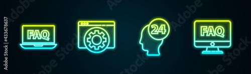 Set line Laptop and FAQ, Browser setting, Support operator touch and Computer monitor. Glowing neon icon. Vector