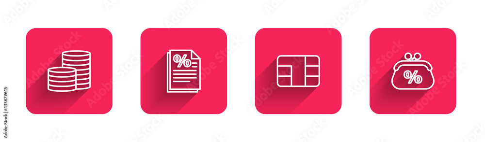 Set line Coin money, Finance document, Credit card with chip and Purse percent with long shadow. Red square button. Vector Set line Coin money, Finance document, Credit card with chip and Purse percent with long shadow. Red square button. Vector