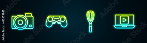 Set line Photo camera, Gamepad, Kitchen whisk and Online play video. Glowing neon icon. Vector