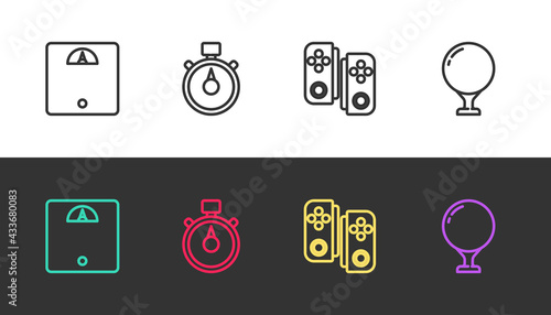 Set line Bathroom scales, Stopwatch, Gamepad and Golf ball on tee on black and white. Vector