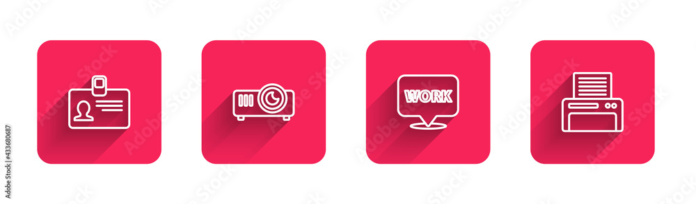 Set line Identification badge, Movie, film, media projector, Location with text work and Printer with long shadow. Red square button. Vector Set line Identification badge, Movie, film, media projector, Location with text work and Printer with long shadow. Red square button. Vector