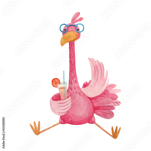 Children's watercolor illustration with a flamingo holding a cocktail
