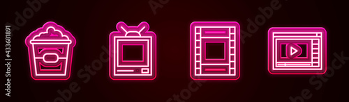 Set line Popcorn in box, Retro tv, Play Video and Online play video. Glowing neon icon. Vector