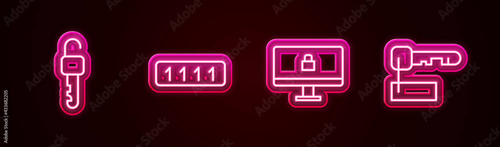 Set line Unlocked key, Password protection, Lock computer monitor and Marked. Glowing neon icon. Vector Set line Unlocked key, Password protection, Lock computer monitor and Marked. Glowing neon icon. Vector