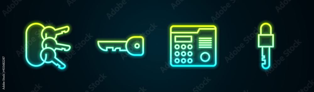 Set line Bunch of keys, Key, House intercom system and Locked. Glowing neon icon. Vector Set line Bunch of keys, Key, House intercom system and Locked. Glowing neon icon. Vector