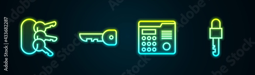 Set line Bunch of keys, Key, House intercom system and Locked. Glowing neon icon. Vector