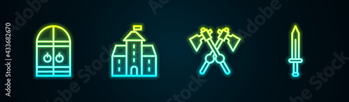 Set line Medieval castle gate, Castle, fortress, Crossed medieval axes and sword. Glowing neon icon. Vector