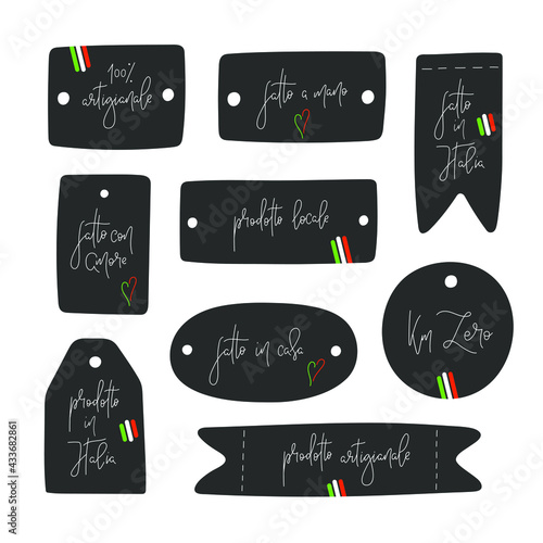 Set of tags with hand drawn lettering in italian for hand made artists and craftsmen - Handcrafted, local product, hand made, made in Italy - Label, badge collection, vector illustration