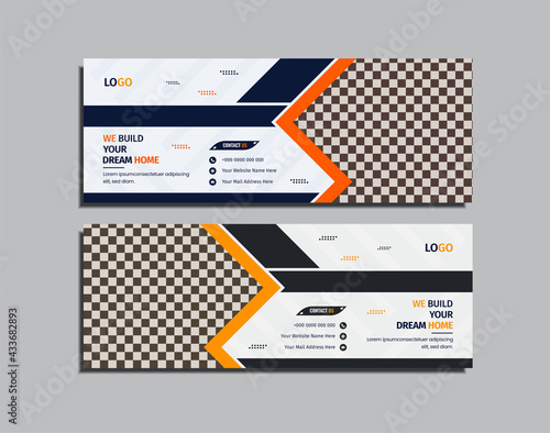 Modern construction web banner design with yellow, deep blue, black,  and orange color creative shapes on white background.