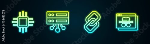 Set line Processor with microcircuits CPU, Server, Data, Web Hosting, Chain link and Browser incognito window. Glowing neon icon. Vector