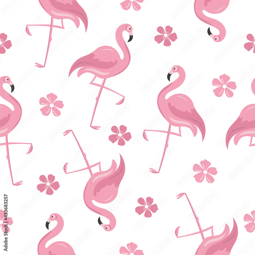 Fototapeta premium Seamless pattern with pink fall flamingo, flowers