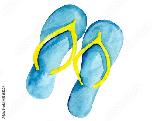 beach summer slippers painted in watercolor, isolated on a white background. Summer Flip flops photo