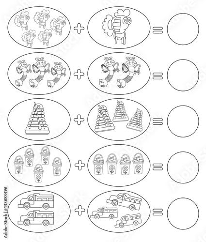 Solve math examples for addition. Fold toys. Educational game for kids. Coloring page.