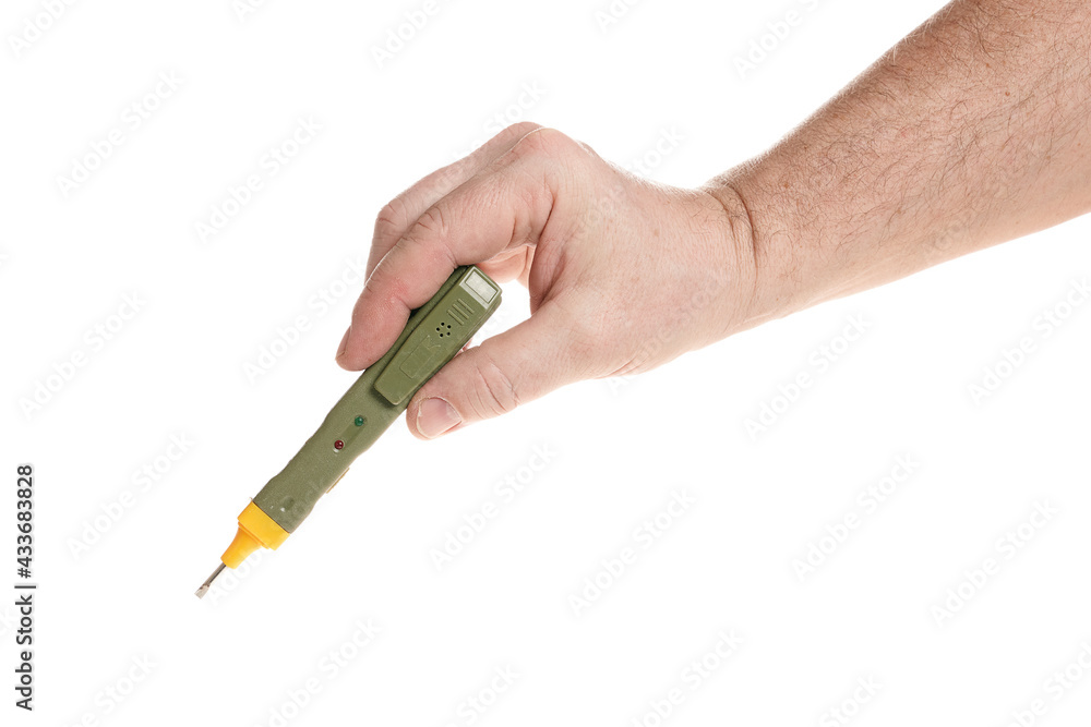 Hand holds a probe detector of electrical wiring on a white background Hand holds a probe detector of electrical wiring on a white background