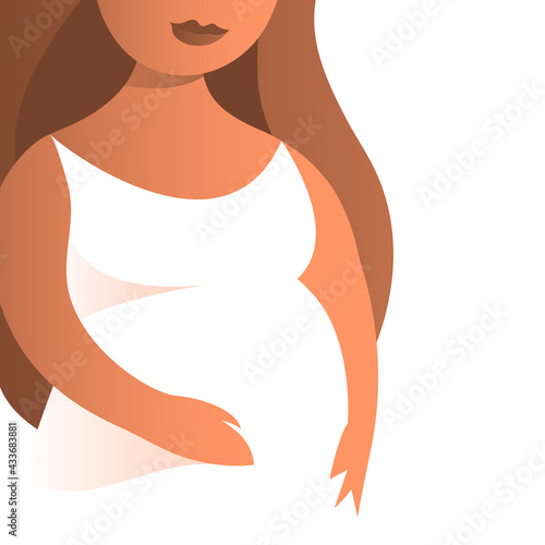 Beautiful pregnant woman in a white dress. Cartoon illustration about motherhood.