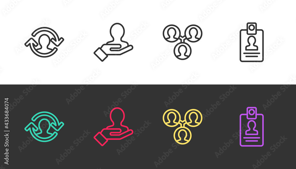 Set line Human resources, Hand for search people, Project team base and Identification badge on black and white. Vector Set line Human resources, Hand for search people, Project team base and Identification badge on black and white. Vector