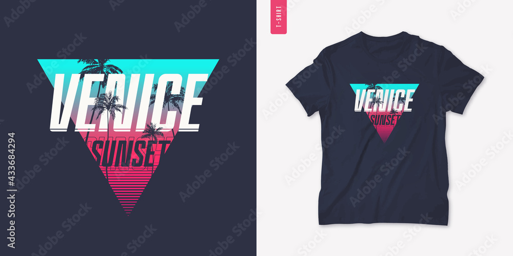 Fototapeta premium Venice sunset graphic t-shirt design with palm tress, summer retro print, vector illustration
