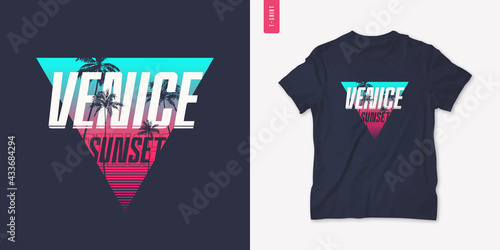 Venice sunset graphic t-shirt design with palm tress, summer retro print, vector illustration