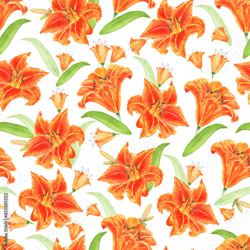 Watercolor orange lilies pattern. Hand painted background