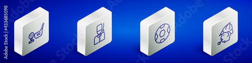 Set Isometric line Golf club with ball on tee, British soldier, Football and Sherlock Holmes icon. Vector