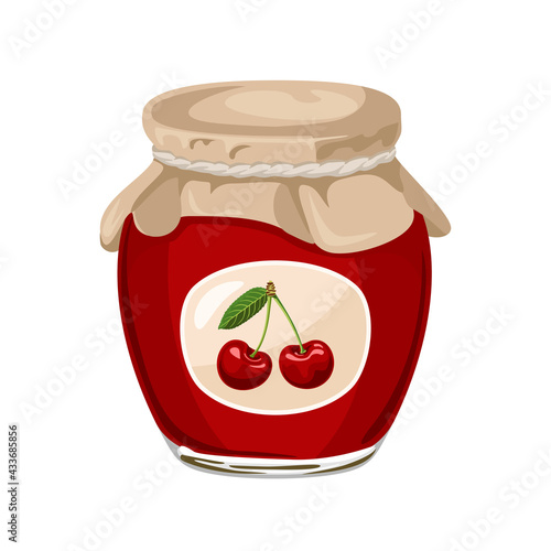 Cherry jam in glass jar isolated on white background. Vector illustration of berry jam in cartoon flat style.
