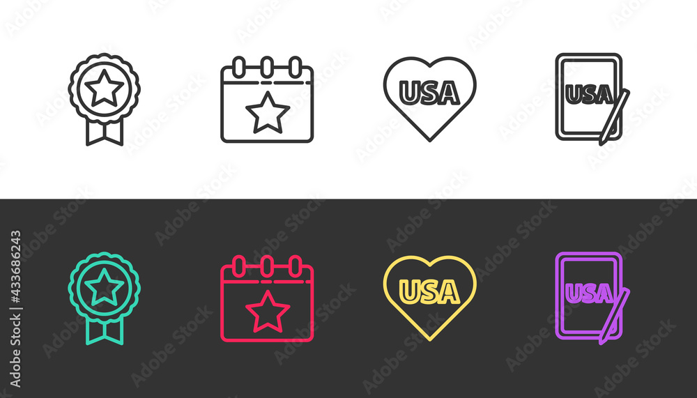 Set line Medal with star, Calendar date July 4, USA Independence day and on graphic tablet on black and white. Vector