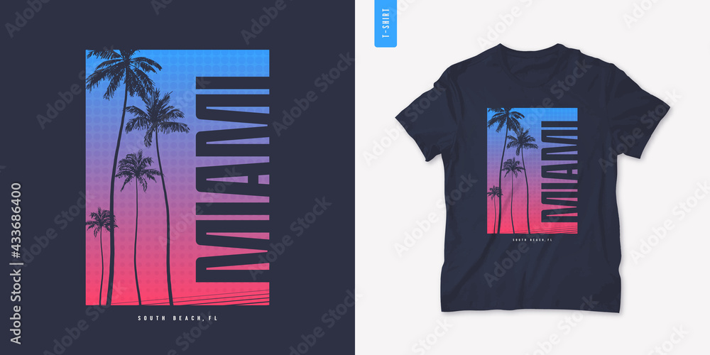 Obraz premium Miami Florida graphic t-shirt design with palm tress, summer retro print, vector illustration