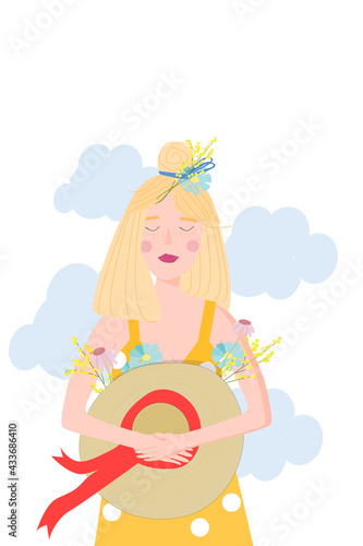 an illustration of the care and nurture of our mental health. A young blonde girl holds a summer hat with wildflowers in her hands.