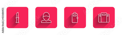 Set line Military knife, Vandal, Police assault shield and with long shadow. Red square button. Vector